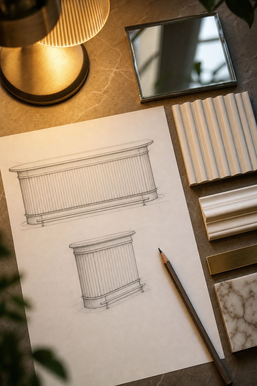 Disegno a matita di un bancone, con campioni di materiali