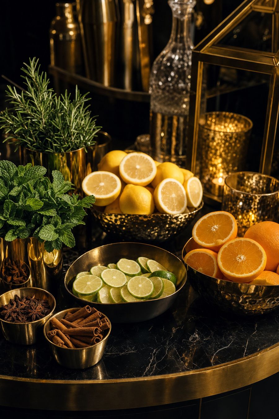 Agrumi, erbe aromatiche e spezie su un bancone